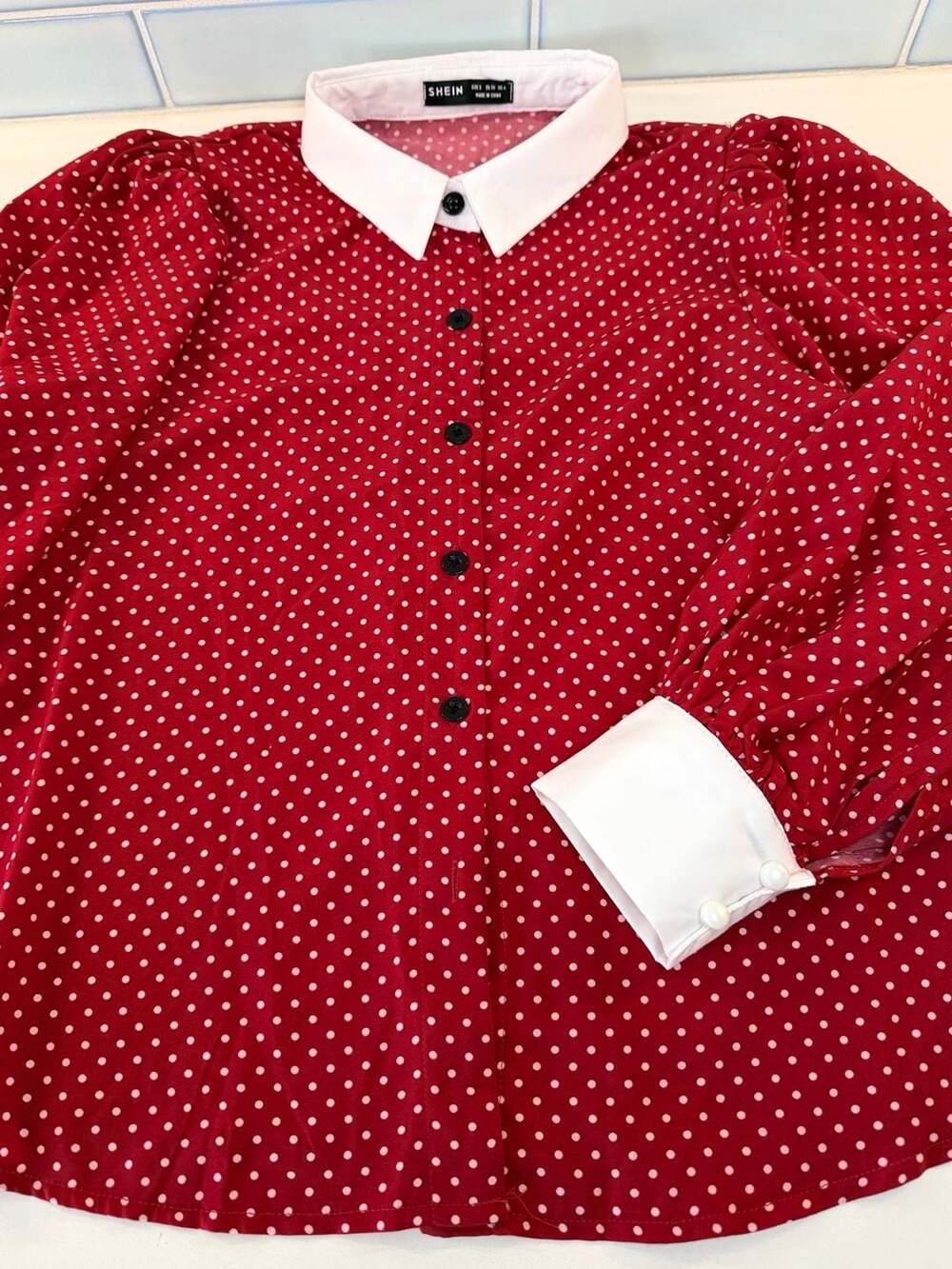 Red and White Polka Dot Long Sleeve Blouse with Contrast Collar